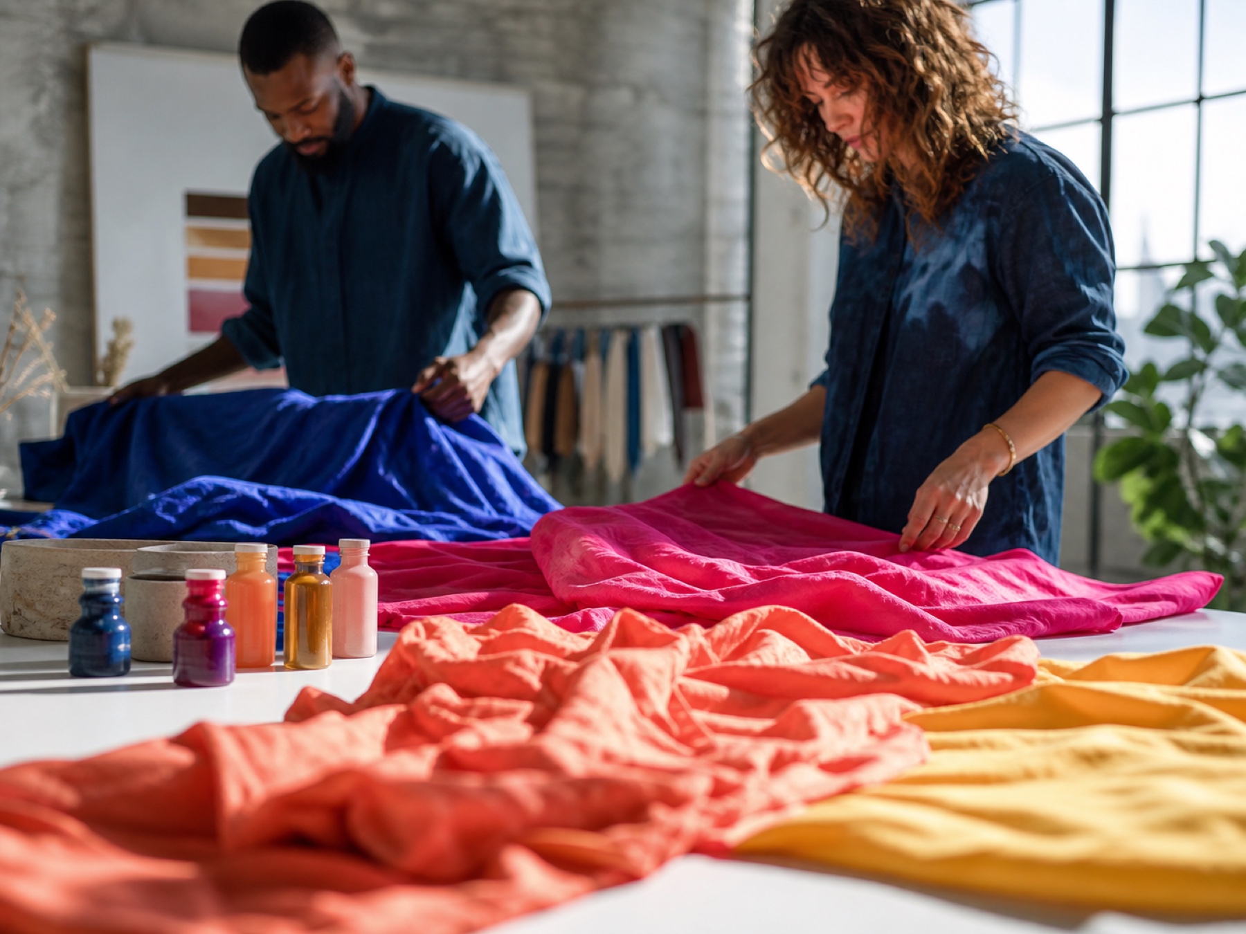 Creative professionals reviewing richly dyed textiles in a modern design studio